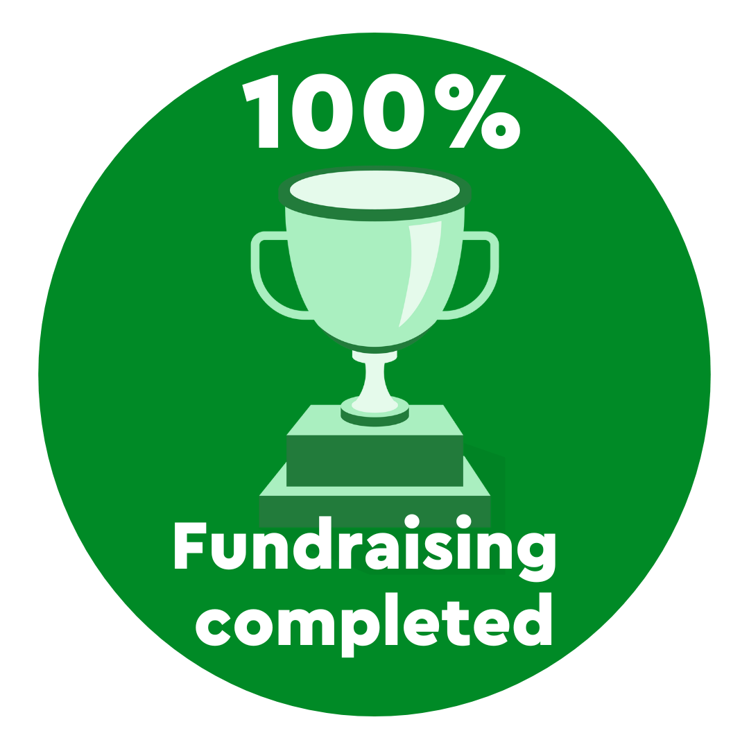 Circular badge that reads 100% Fundraising target.   There is a graphic of a trophy in the middle of the text.   This will appear as grey scale until the fundraising target has been met.   It will then light up as a green background with white writing and the trophy is yellow. 