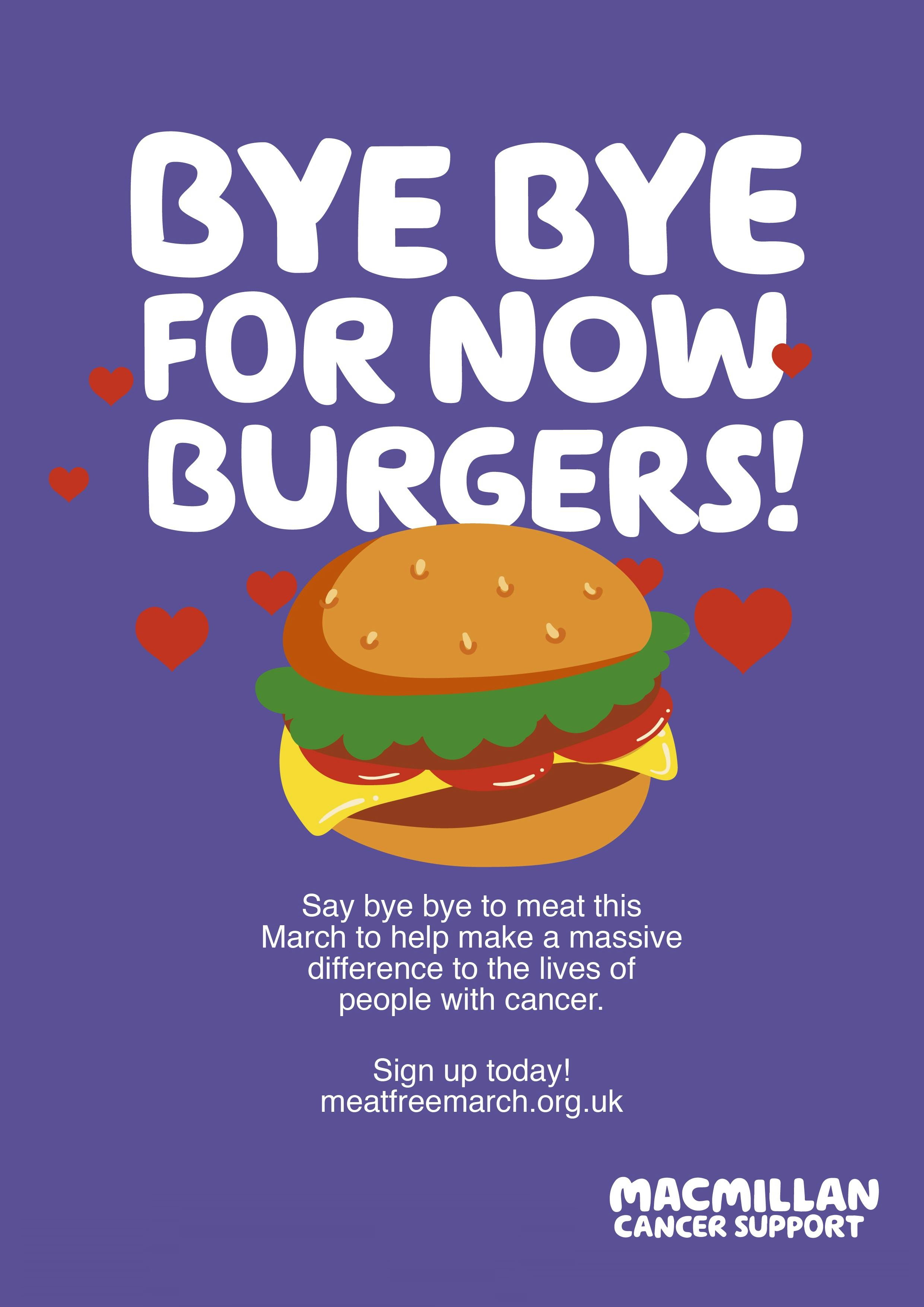 purple background text: bye bye for now burgers 