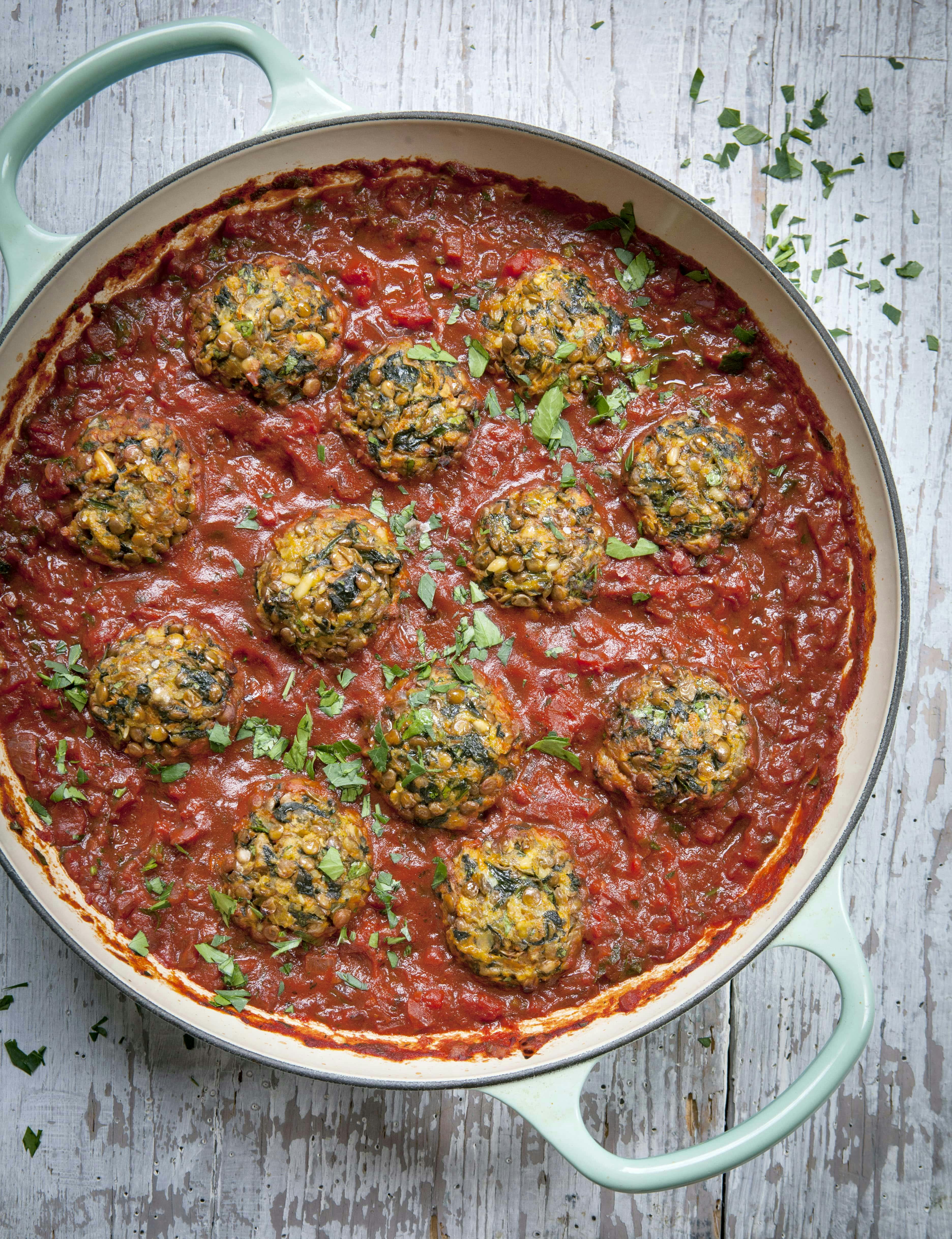 Meatless meatballs image in pan
