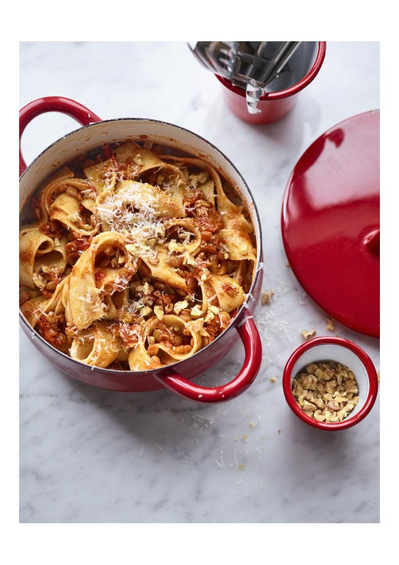 lentil bolognese in red pan