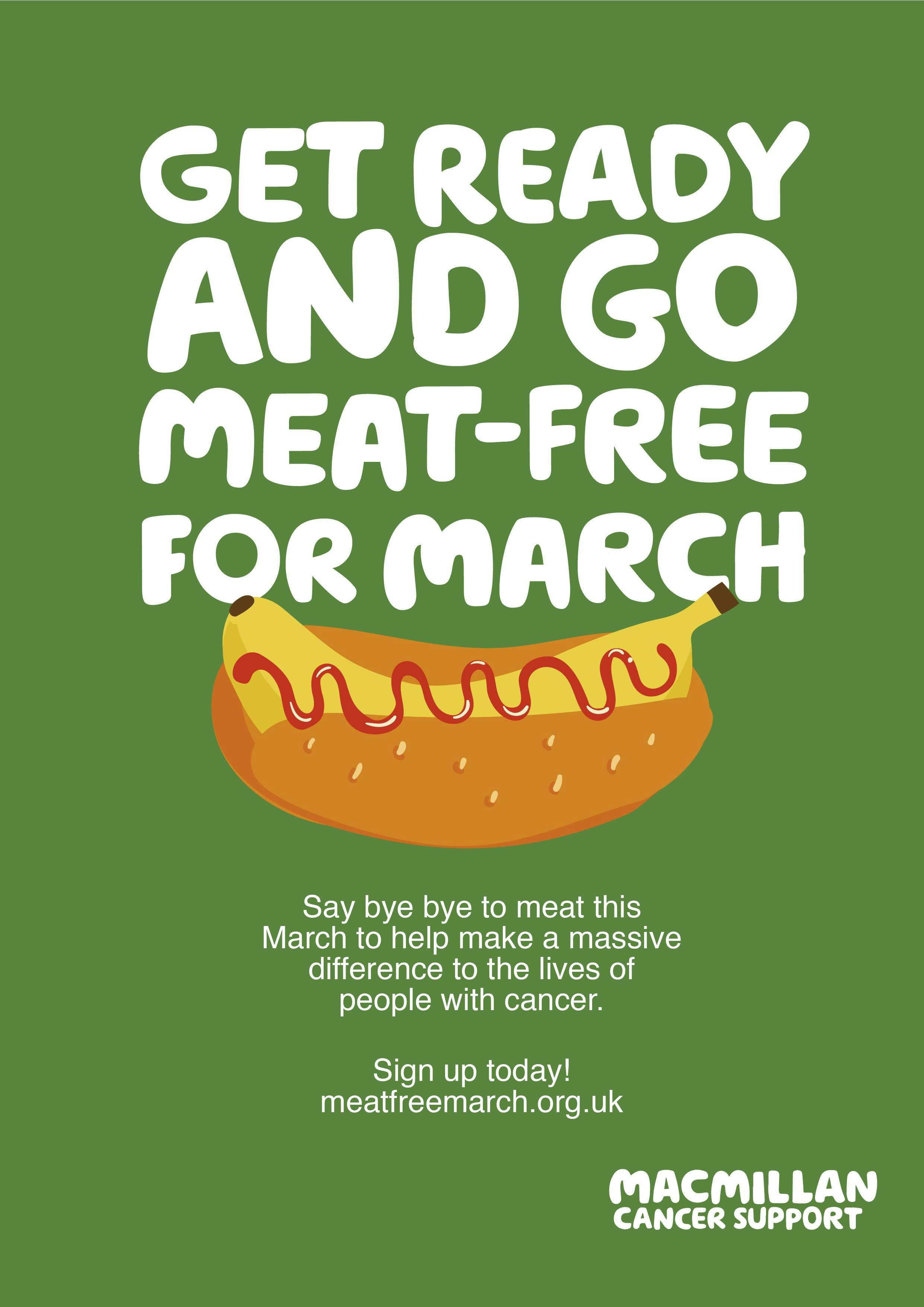 Green background, illustration with banana and a bun text get ready to go meat free march