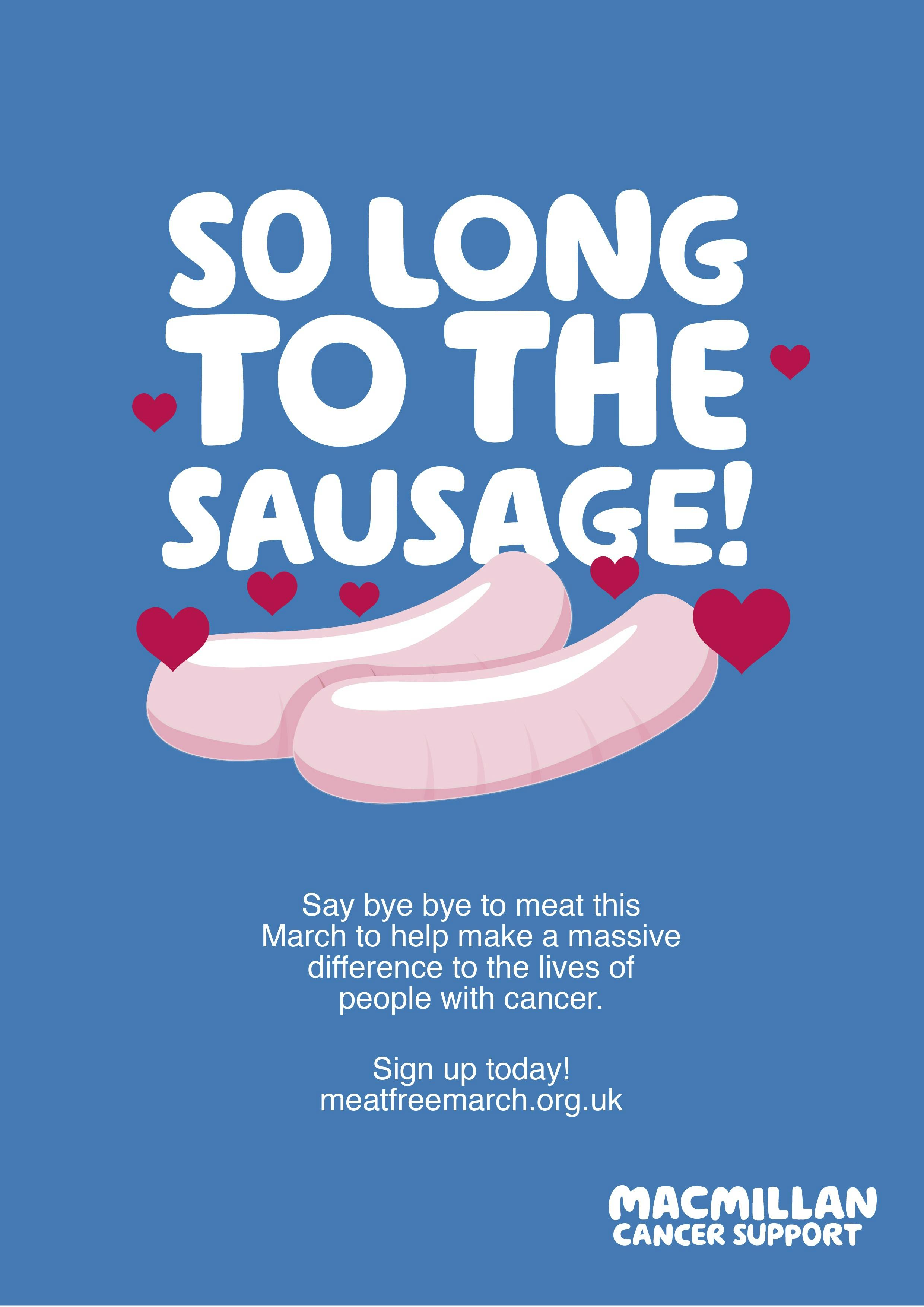 Blue background, Sausage illustration text: so long to the sausage