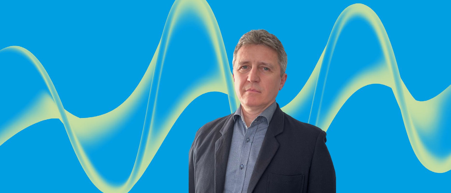 image of man on a blue background with a green wave