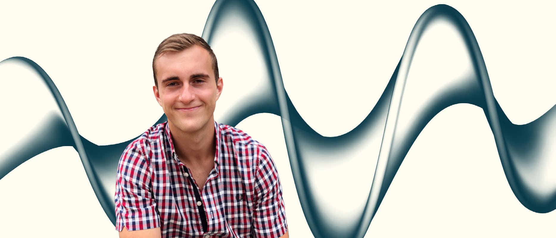 image of a man in a check shirt on a cream background with a navy swirl