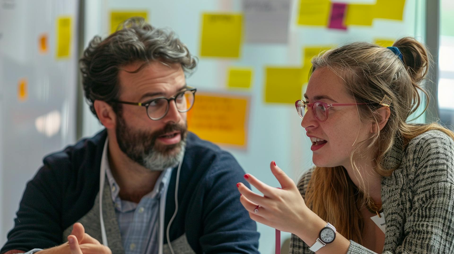 A woman and a man in a brainstorming session surrounded by post-it notes