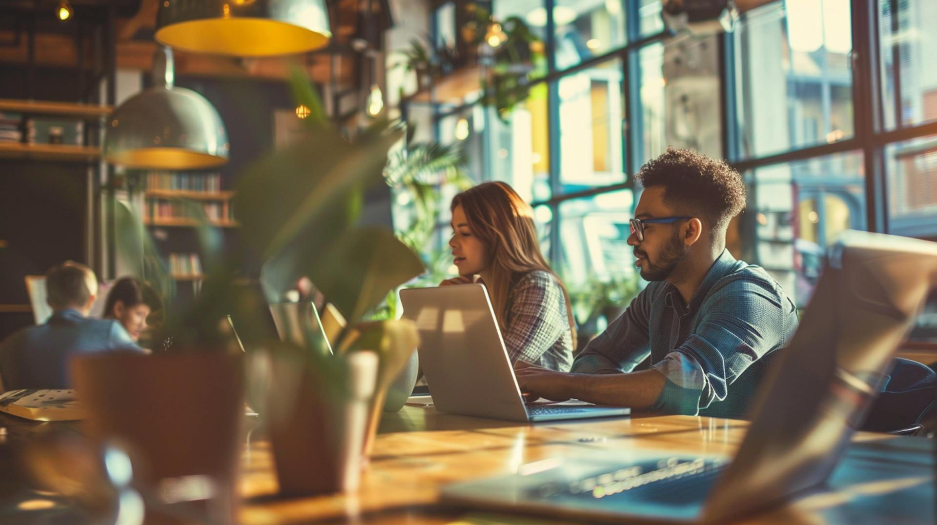 Two people working in bright modern open plan office