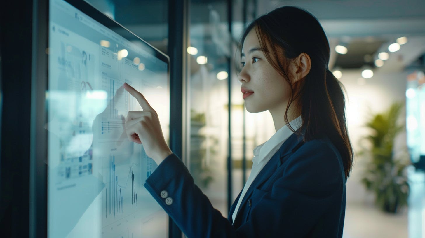 Woman using a touchscreen outside a meeting room