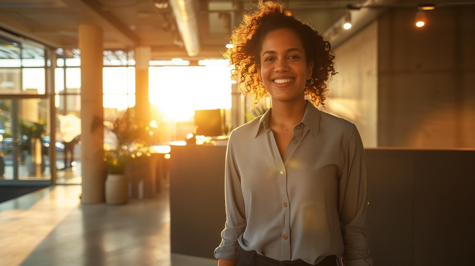A happy woman standing in the reception of a modern office building 