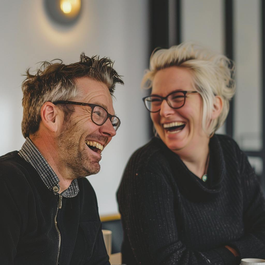 A happy female and male colleague laughing in a meeting