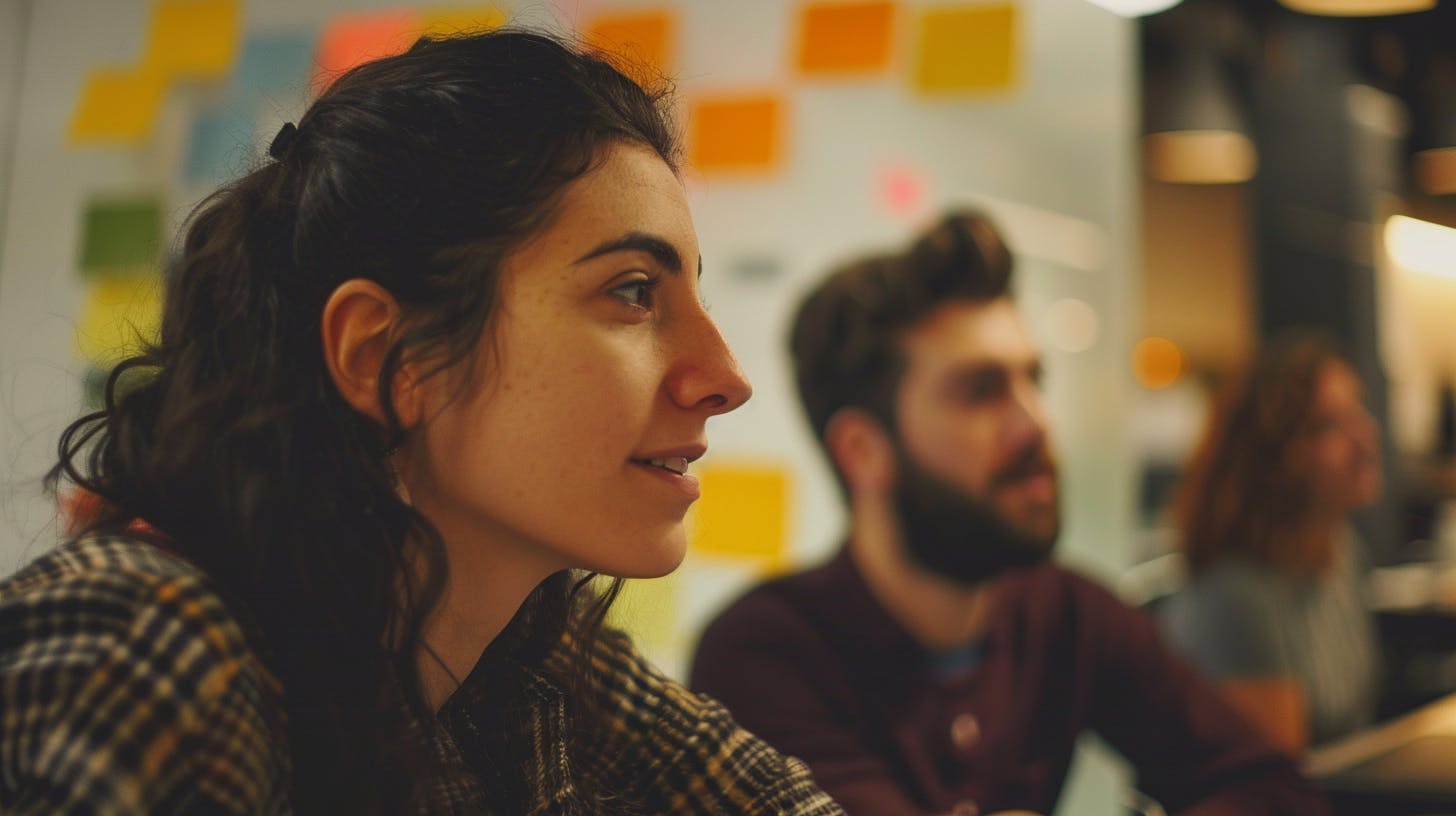 A kind looking young woman at work listening intently to her colleague speak