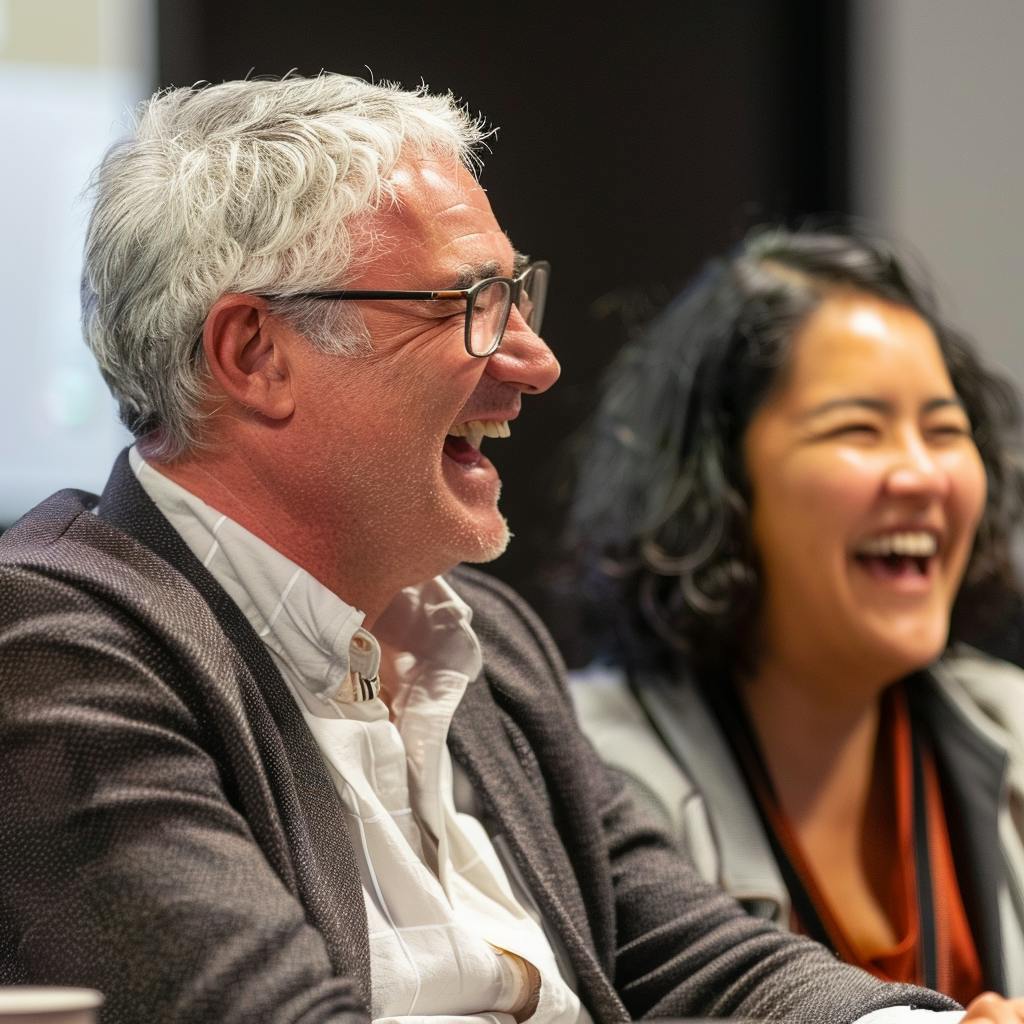 A younger female and older male colleague smiling and listening