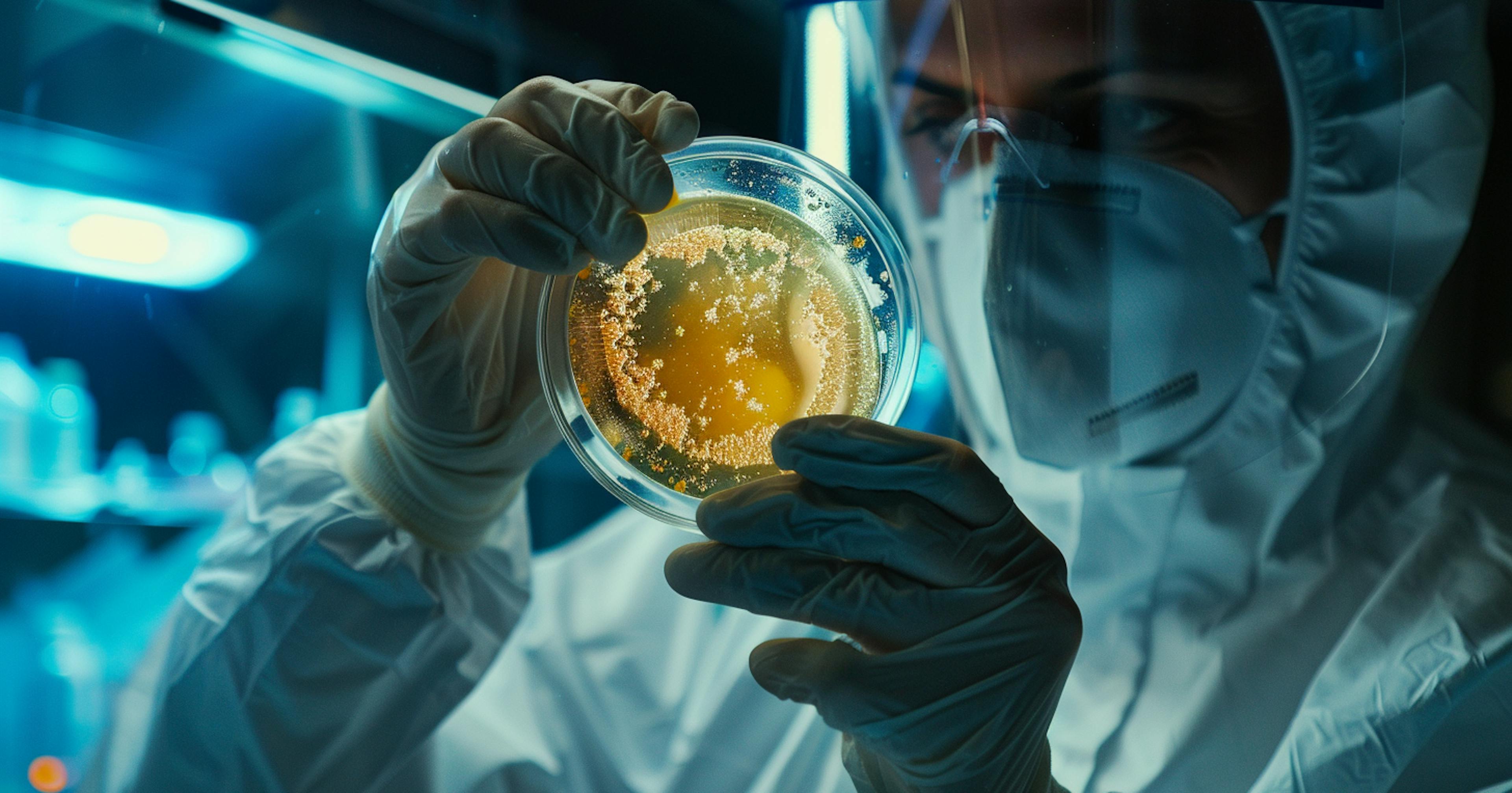A scientist inspecting wearing full PPE inspecting a petri dish in a lab