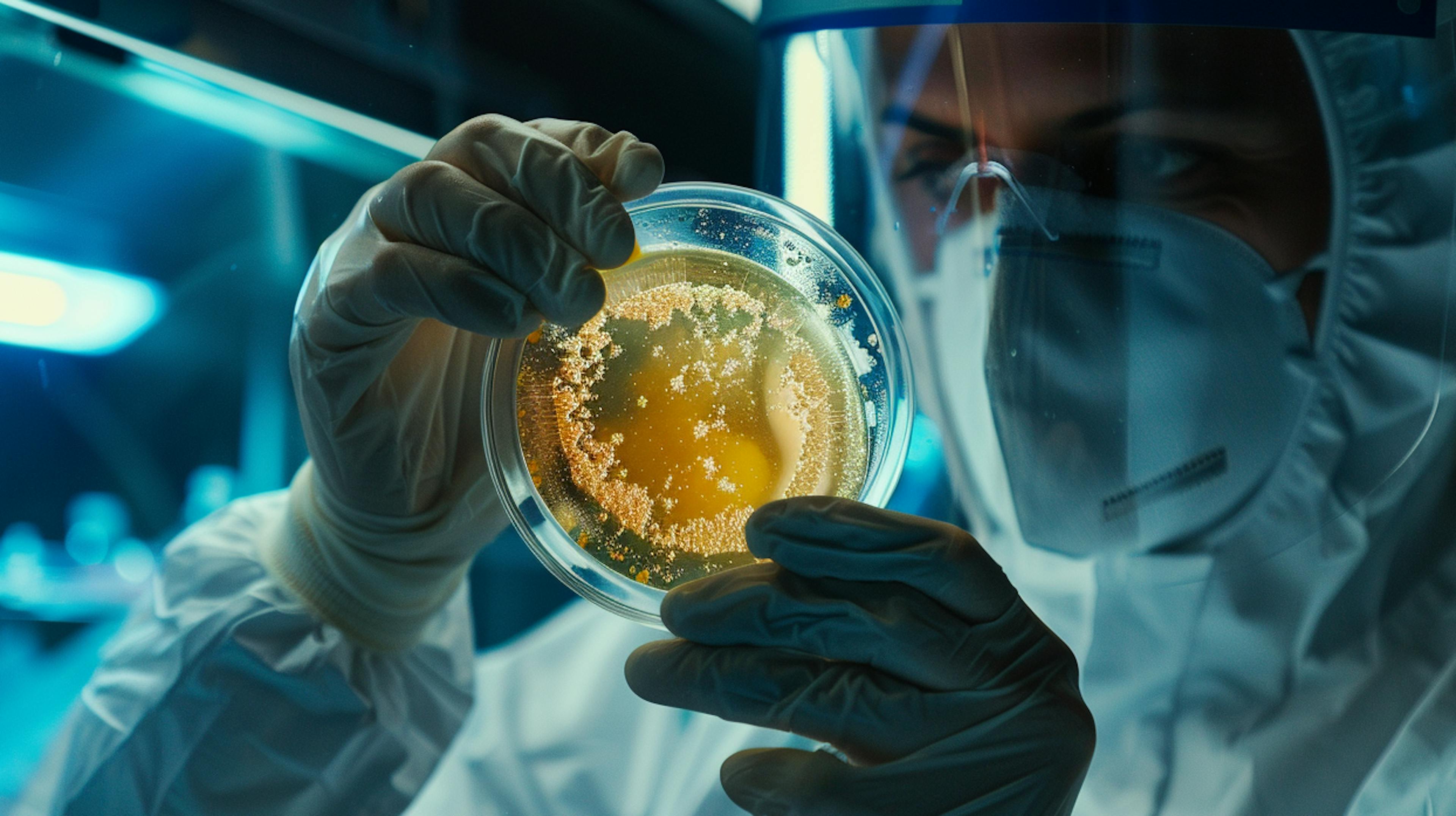 A scientist inspecting wearing full PPE inspecting a petri dish in a lab