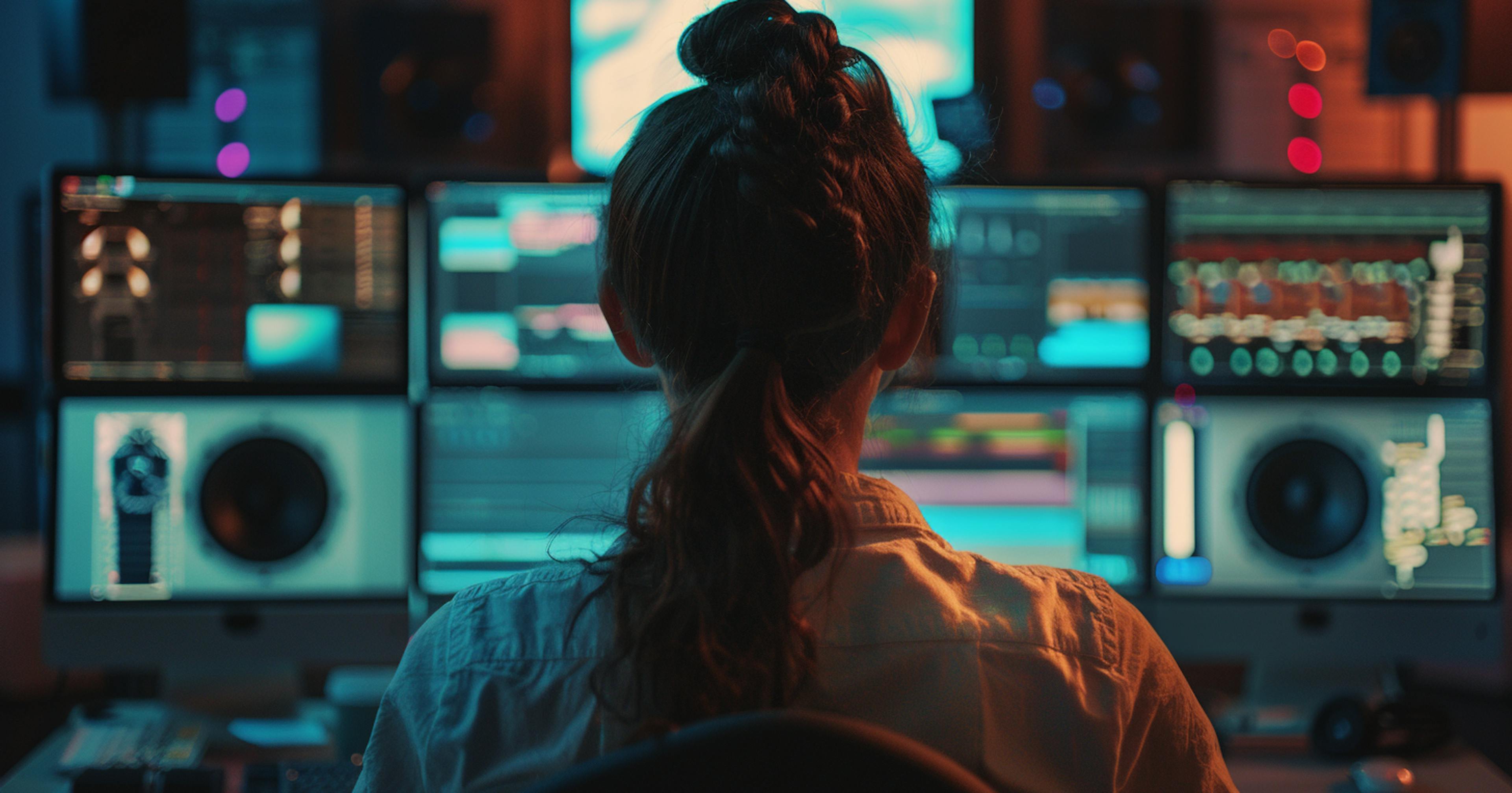An image of a woman working in a media edit suite