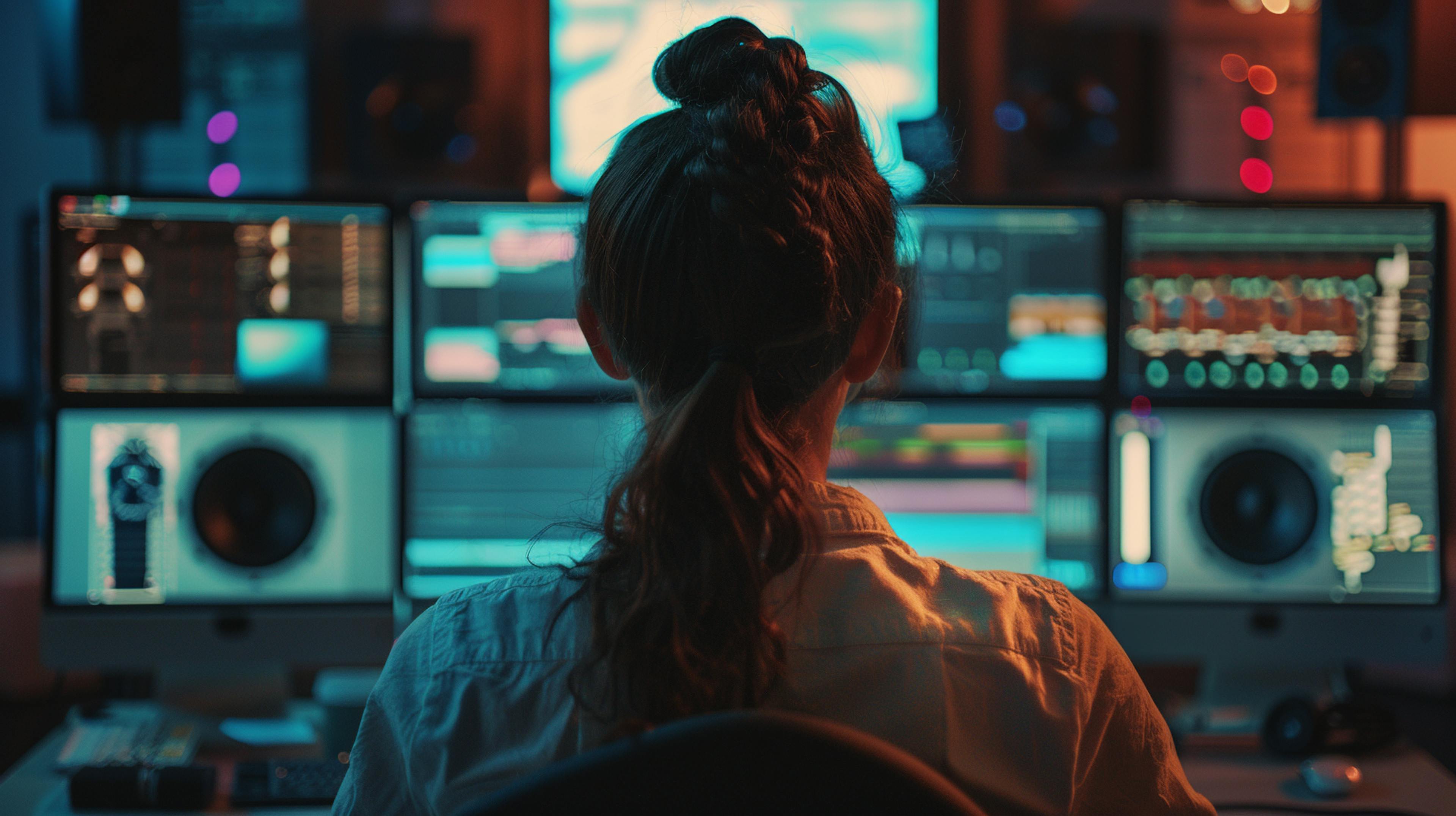 An image of a woman working in a media edit suite