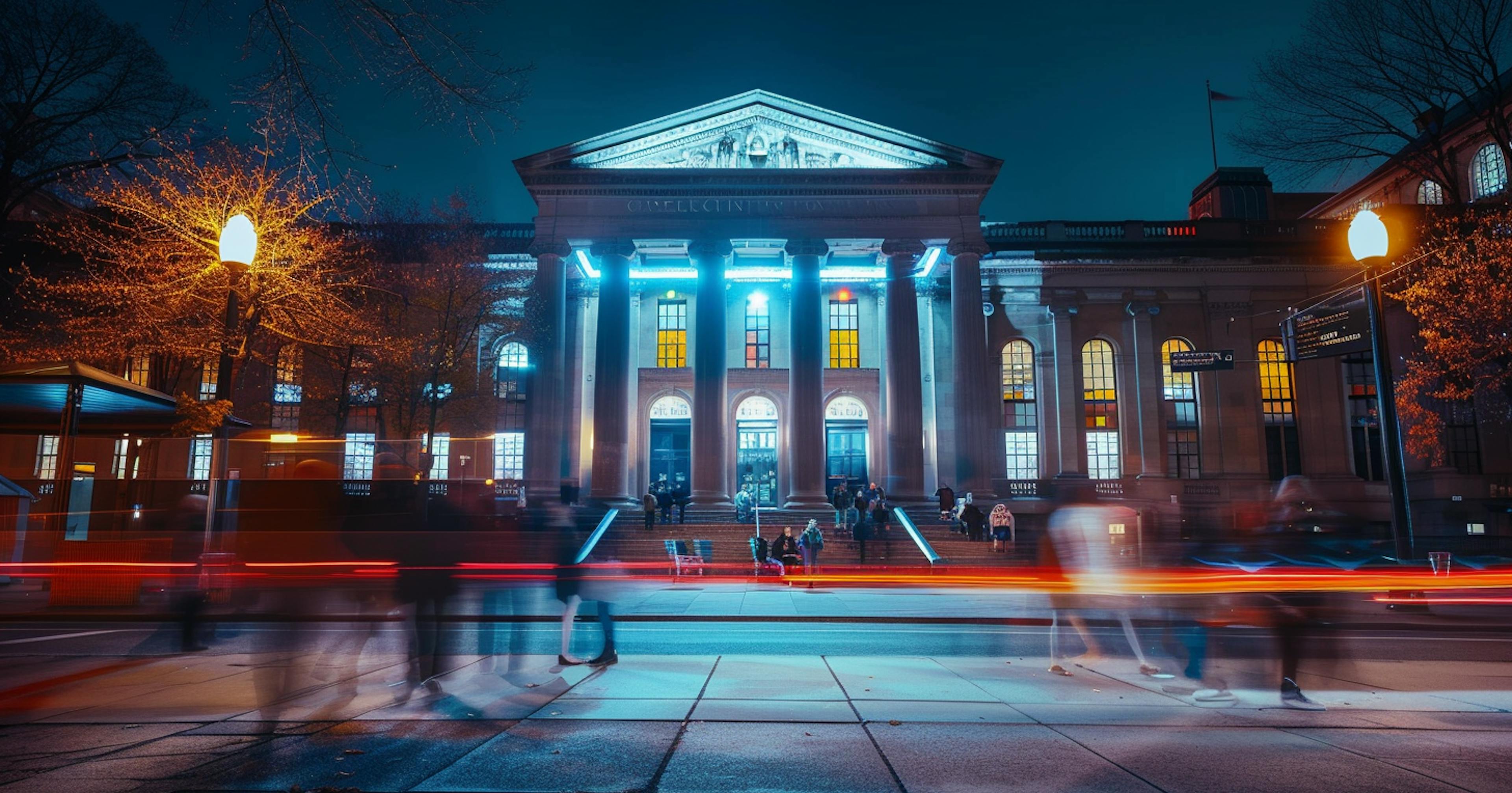 Image of a Government building at night with a time lapse of people blurred walking in front of the building. 
