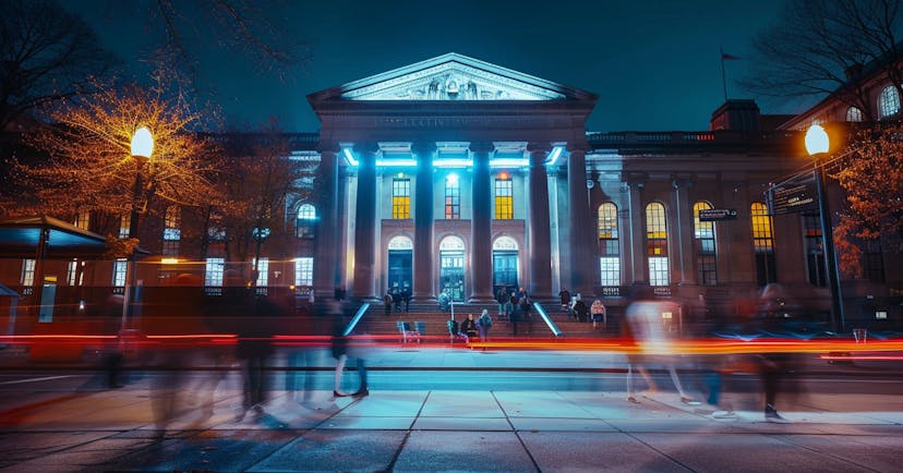 Image of a Government building at night with a time lapse of people blurred walking in front of the building. 
