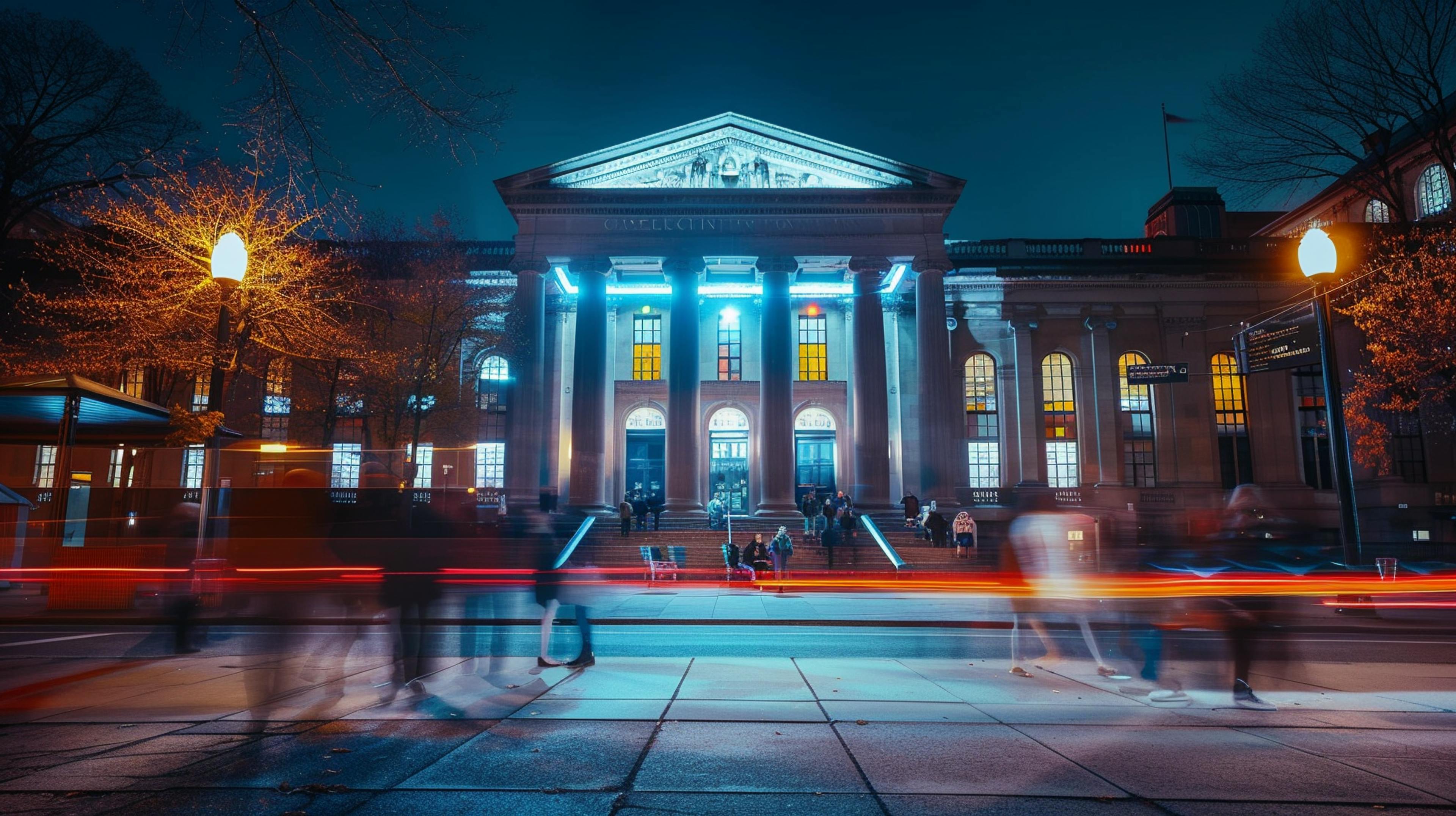 Image of a Government building at night with a time lapse of people blurred walking in front of the building. 