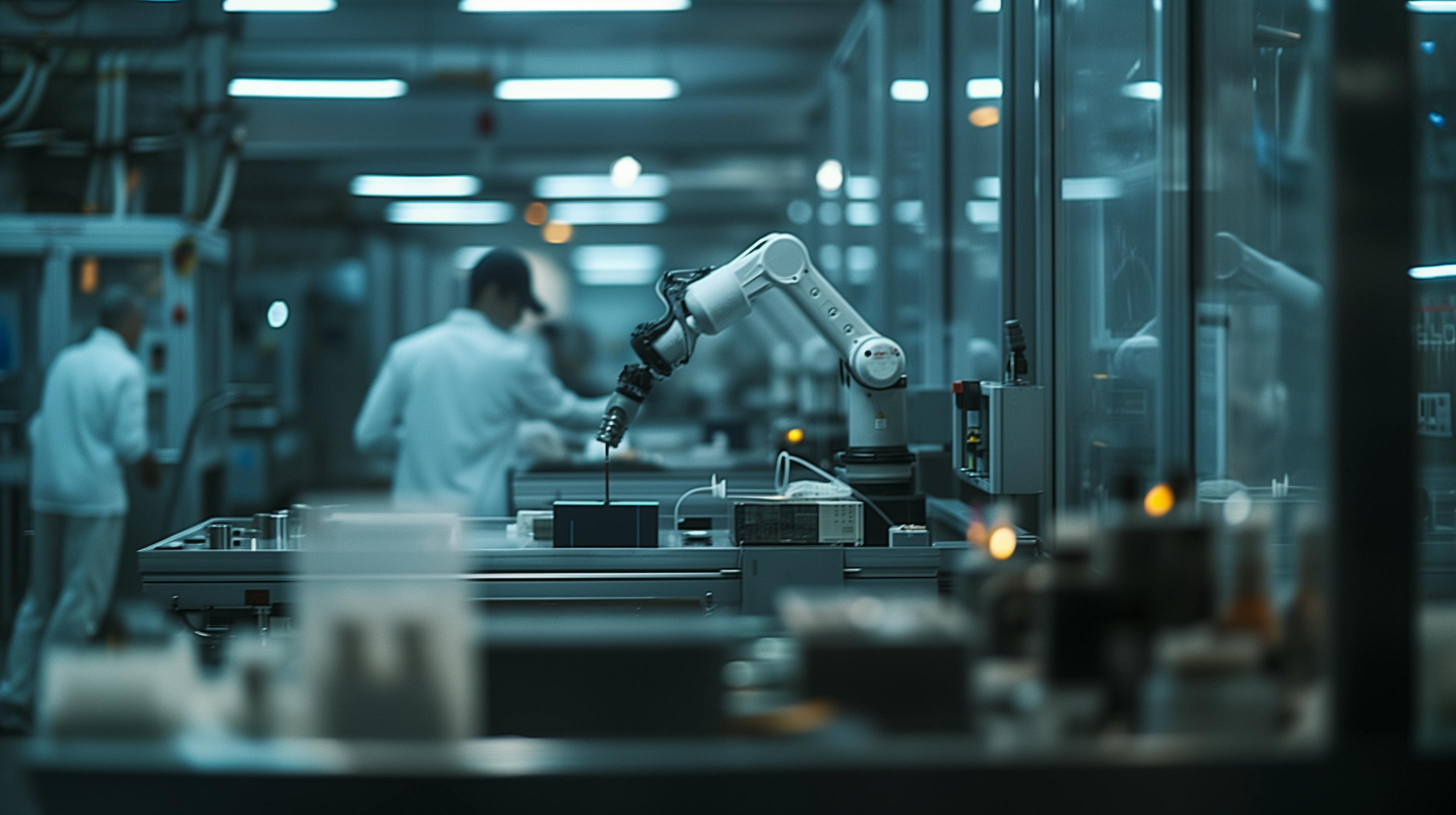 An image of a hi-tech manufacturing facility with a robotic arm