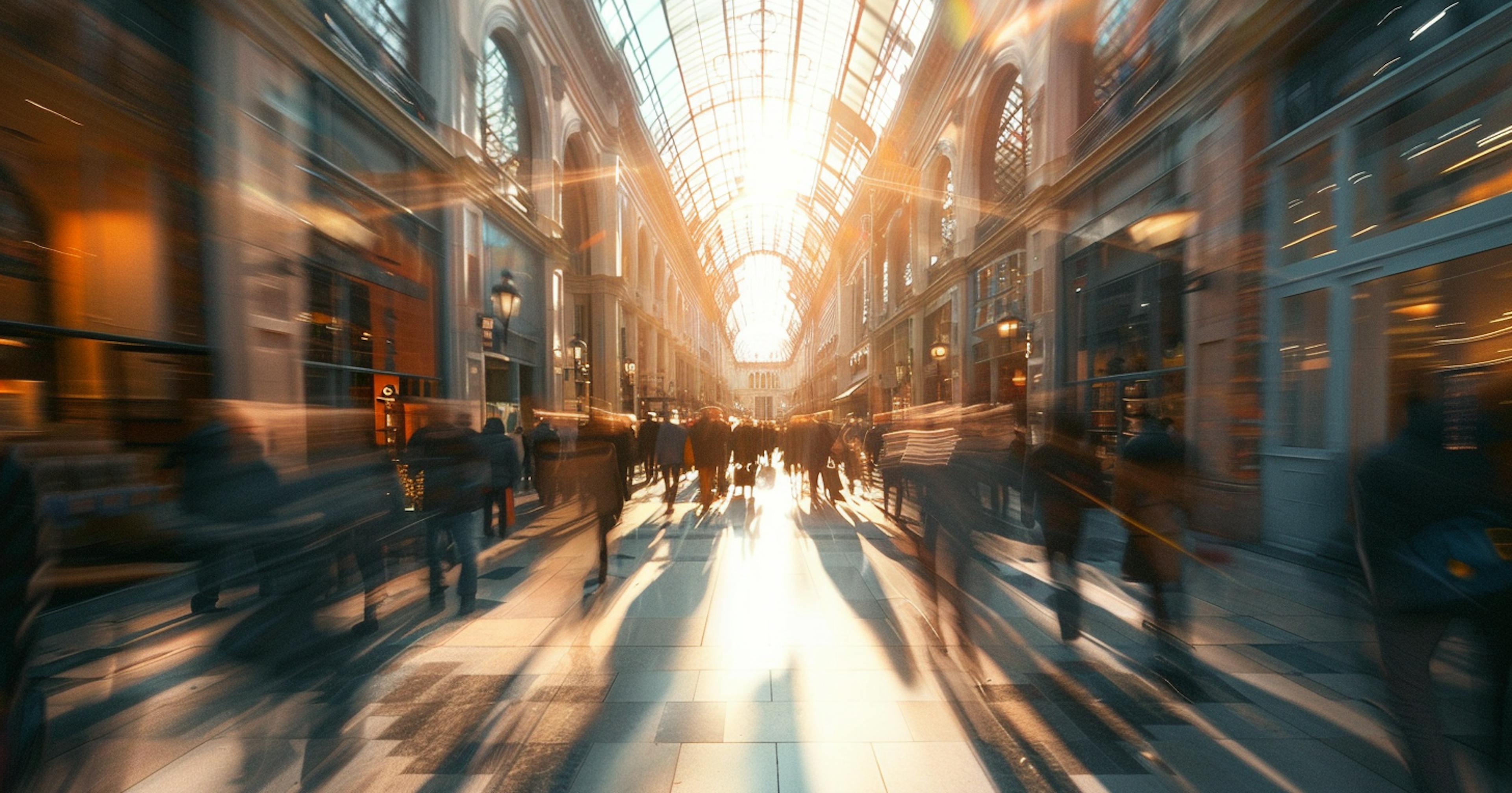 An image of a shopping Mall full of people. The sun is shining through a glass ceiling.