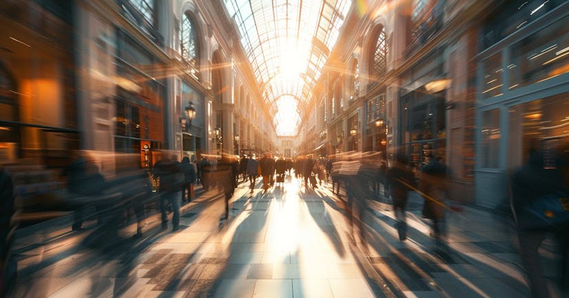 An image of a shopping Mall full of people. The sun is shining through a glass ceiling.