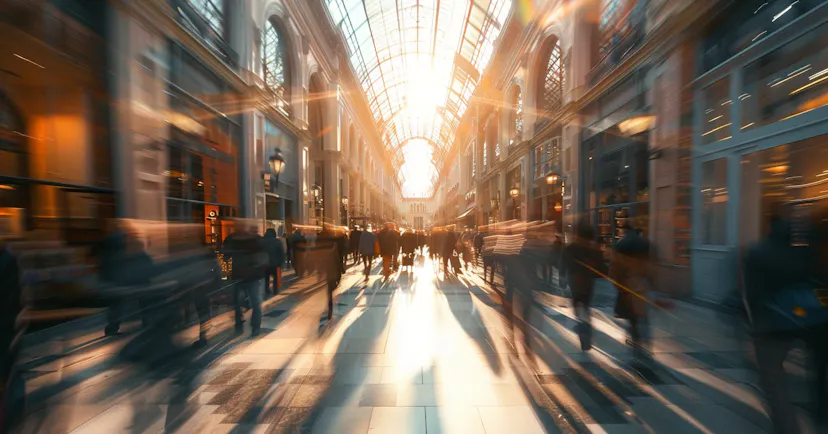 An image of a shopping Mall full of people. The sun is shining through a glass ceiling.