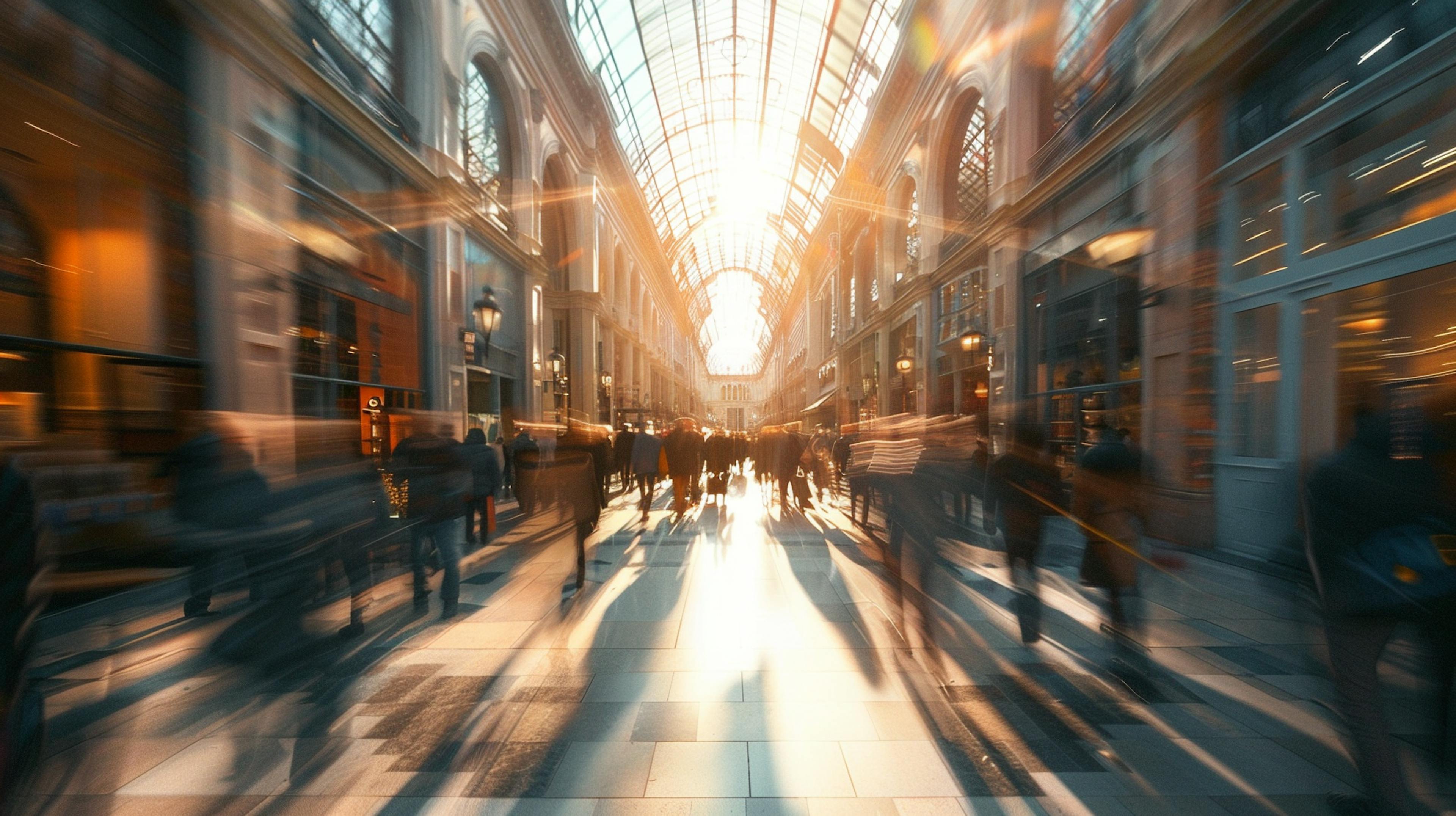 An image of a shopping Mall full of people. The sun is shining through a glass ceiling.