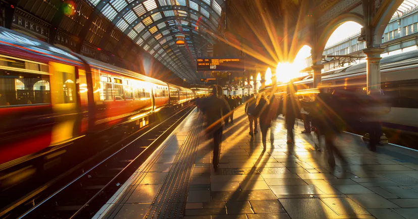 Image of a train platform with commuters boarding a train. The sun id shining on the platform