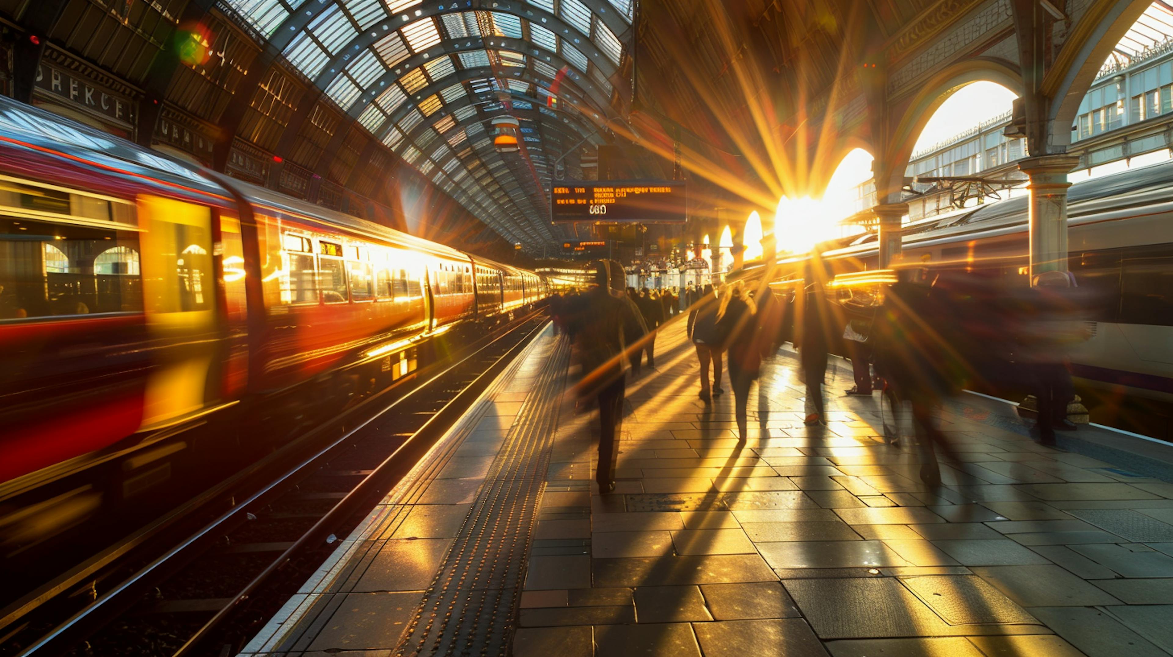 Image of a train platform with commuters boarding a train. The sun is shining on the platform