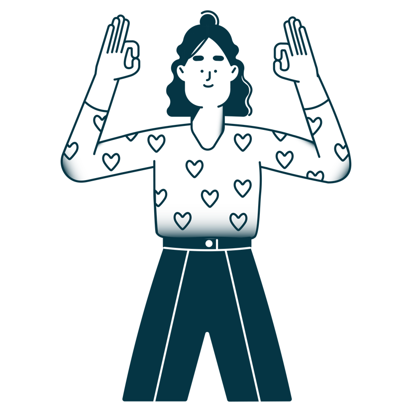 Illustration of girl wearing a heart print top. Making the OK symbol with two hands raised above her head.