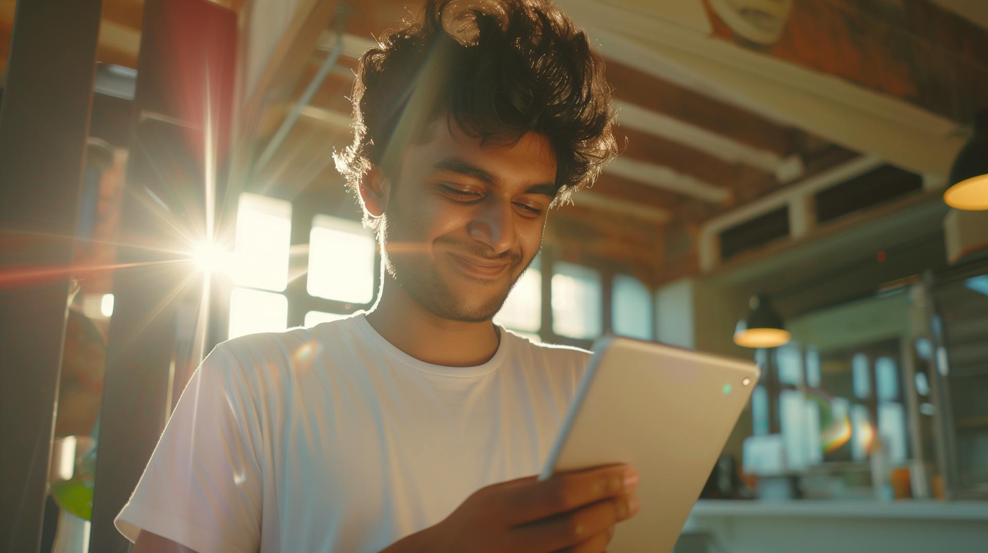 An image of a man smiling using an tablet