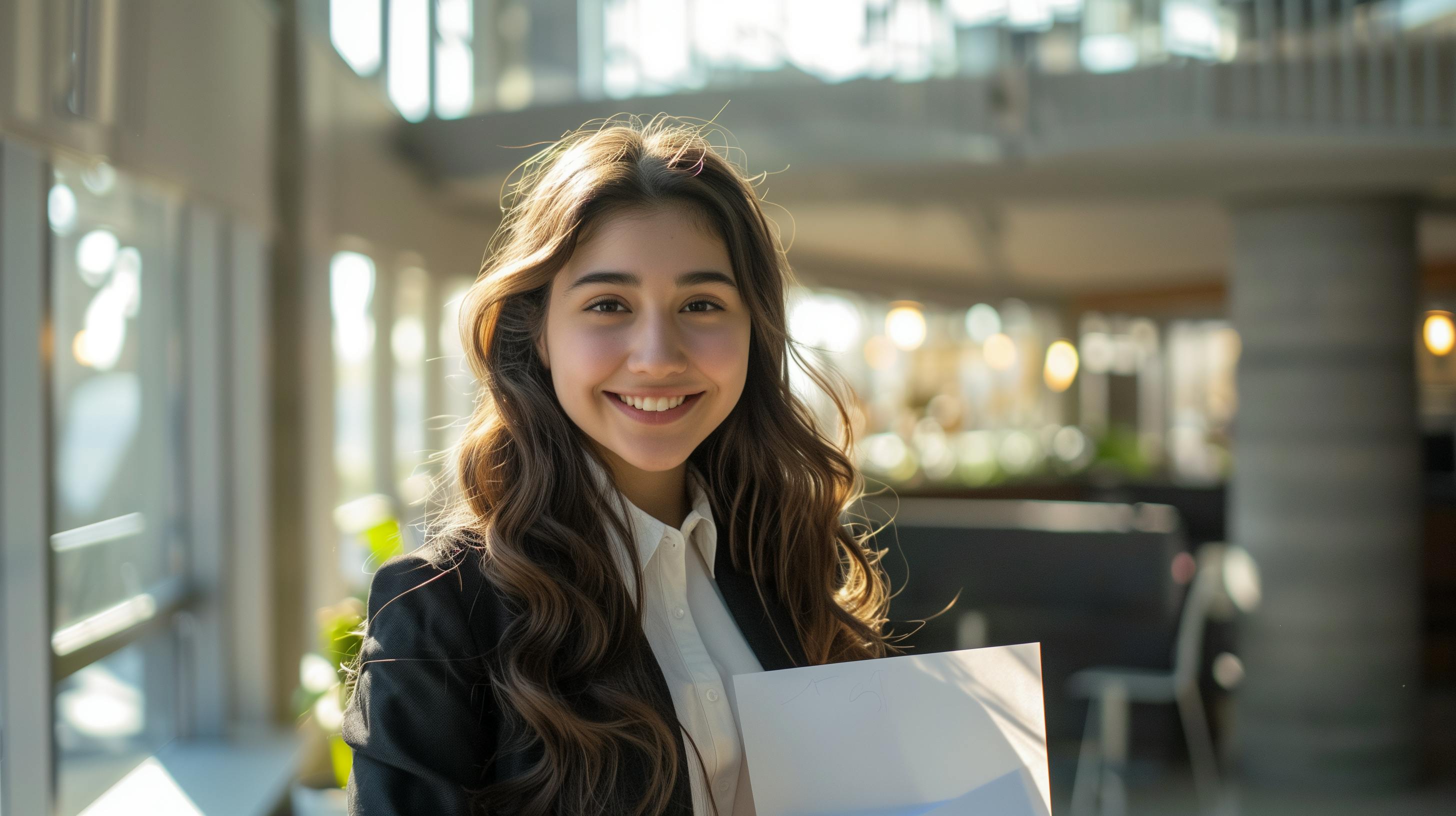 Young female graduate in a bright modern open plan office holding papers