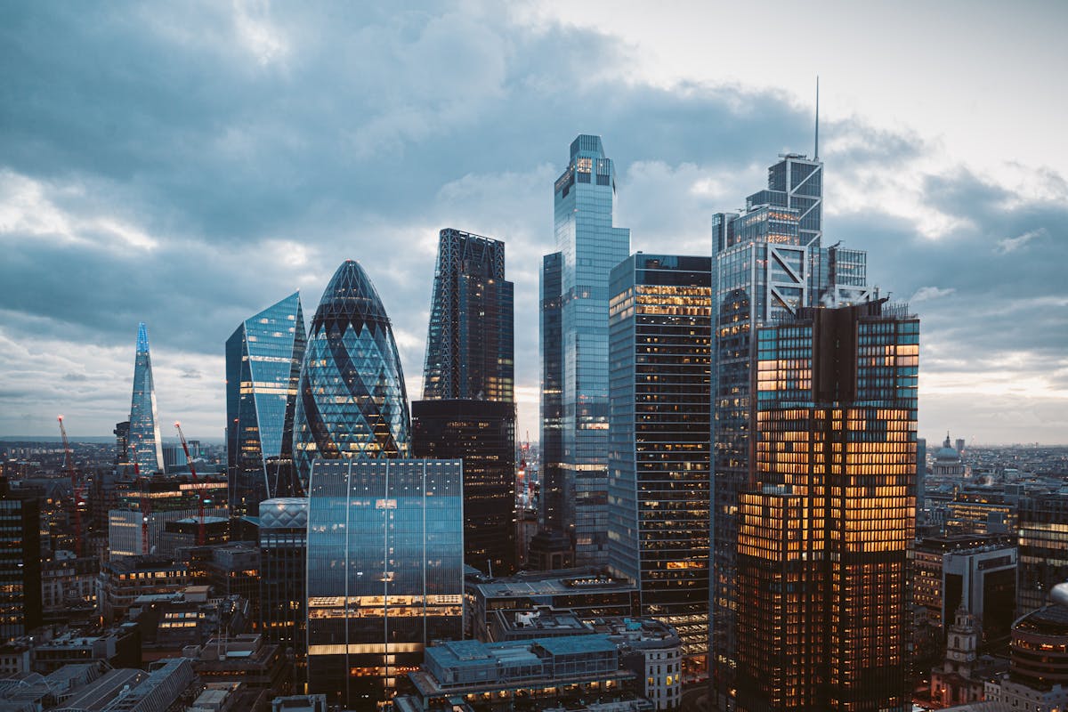 Image of the city buildings in London, including The Gherkin, The Cheese Grater and The Shard