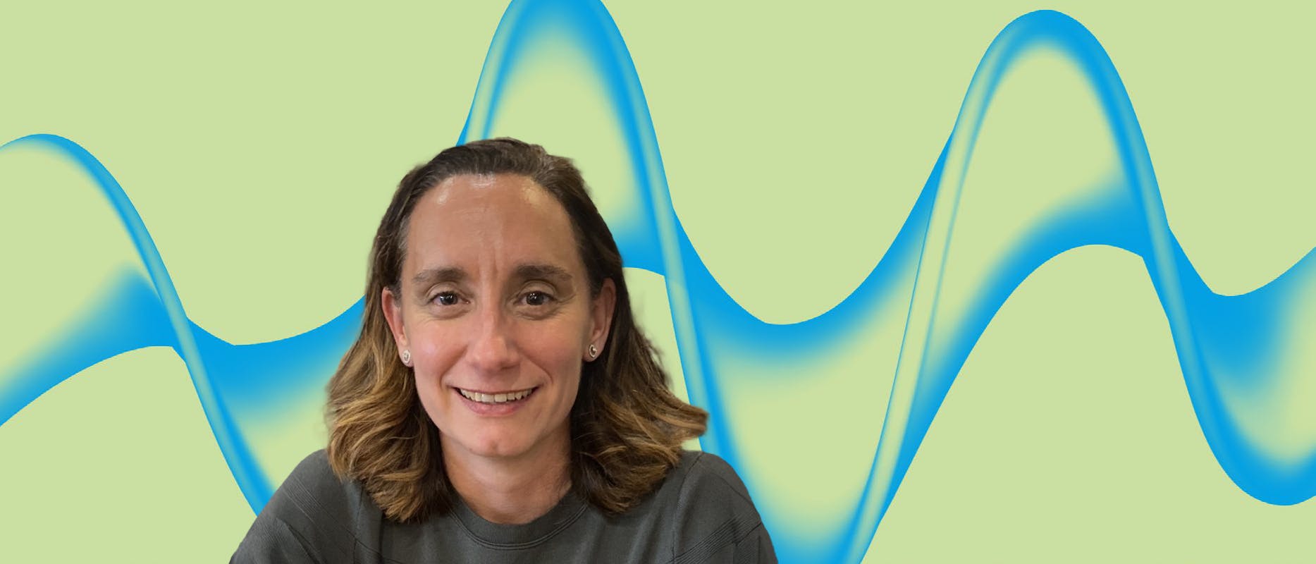 image of a woman with brown hair in a grey top on a green background with a blue wave pattern