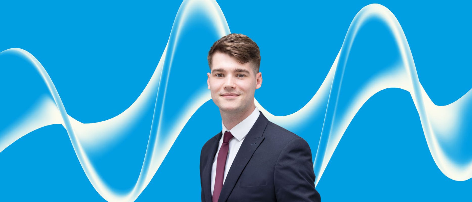 image of a man in a suit on a blue background with a wave