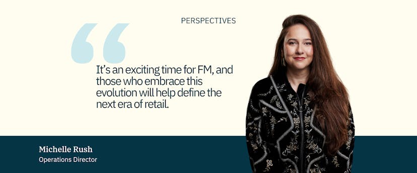 cream and navy background with blue text and a woman with long brown hair and black patterned shirt