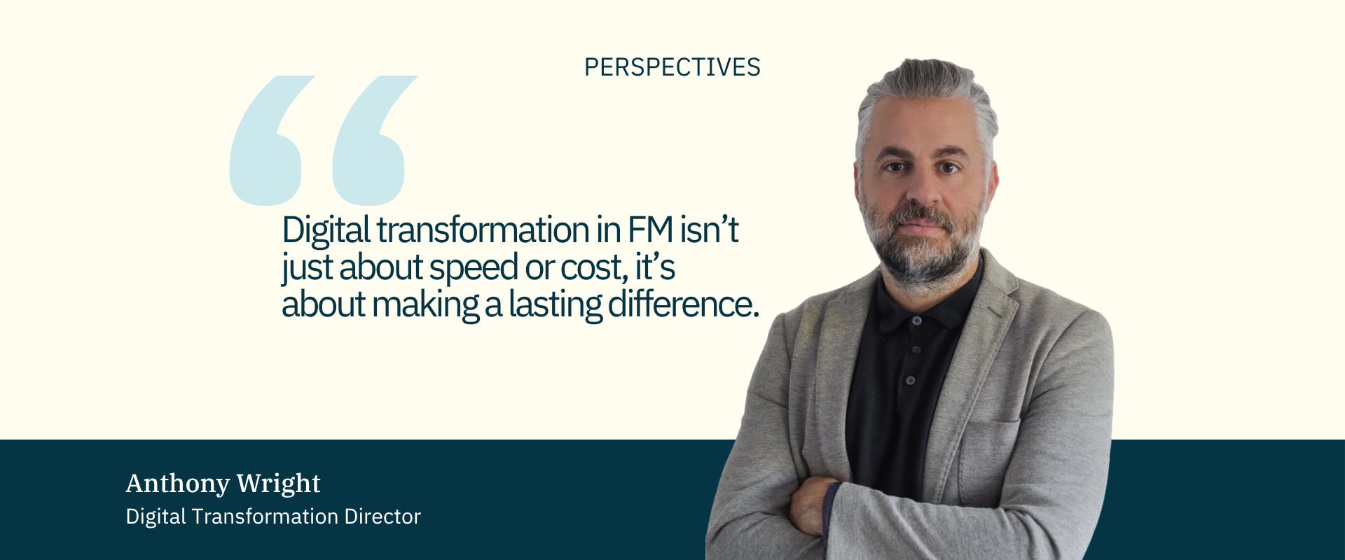 cream banner with navy text and a man with grey hair and beard wearing a black shirt and grey jacket