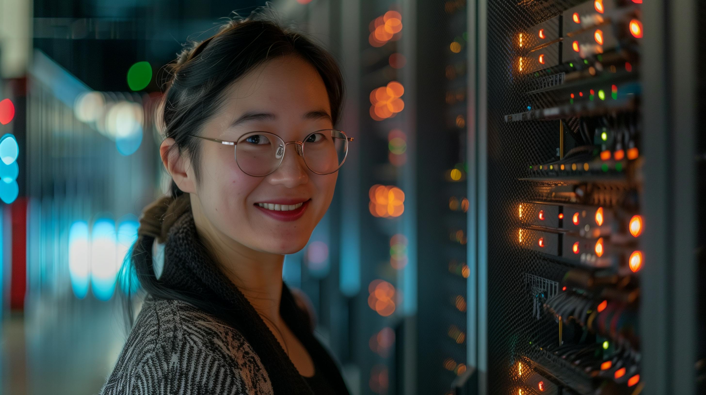 woman looking at data stacks