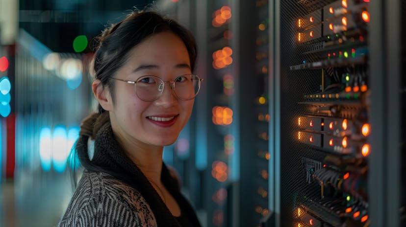 woman looking at data stacks