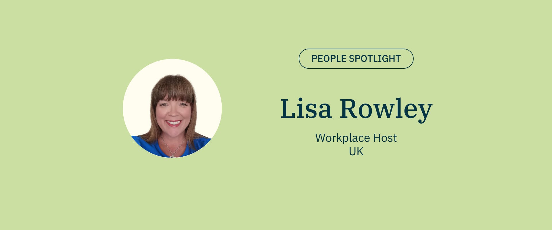 green banner with female head shot with brown hair and yellow background