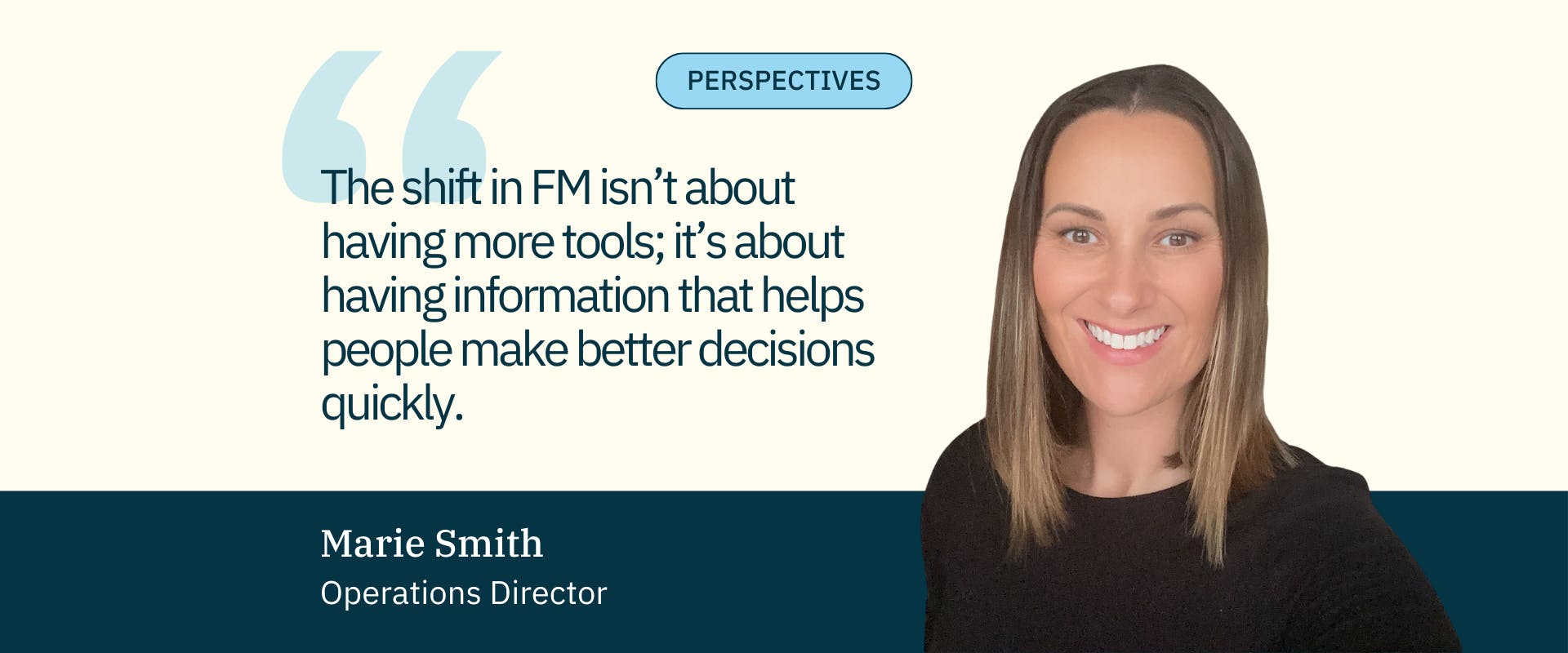 cream and navy banner with head shot of a woman with brown hair