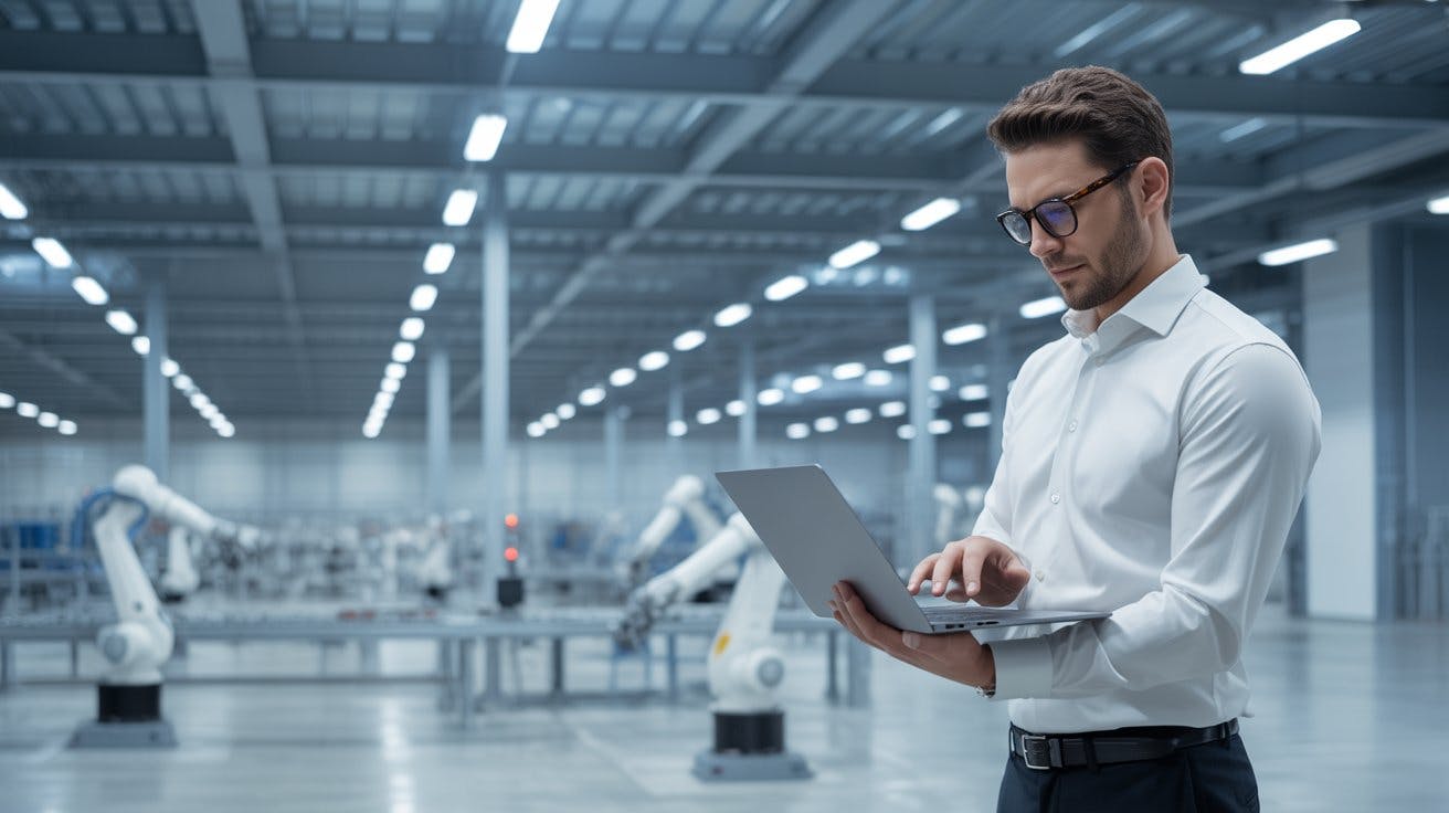 A professional man looks at a computer in an industrial setting
