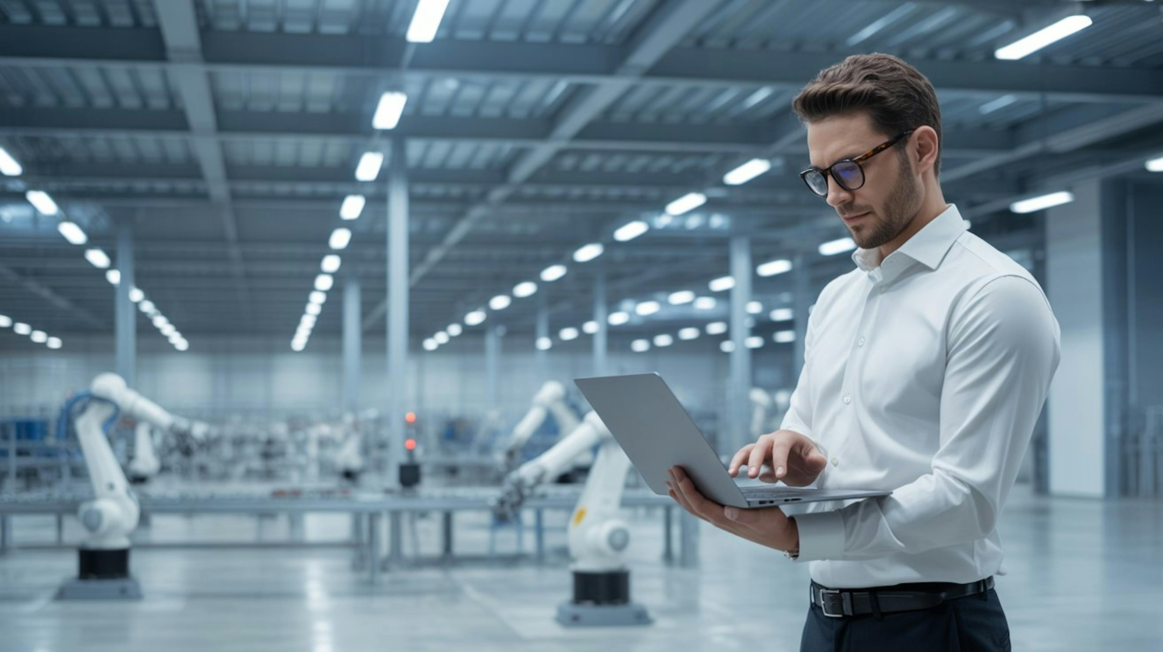 A professional man looks at a computer in an industrial setting 