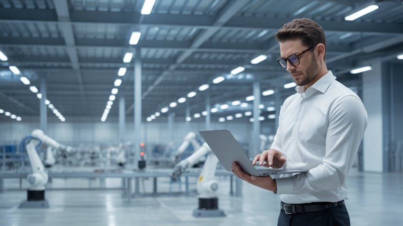 A professional man looks at a computer in an industrial setting 
