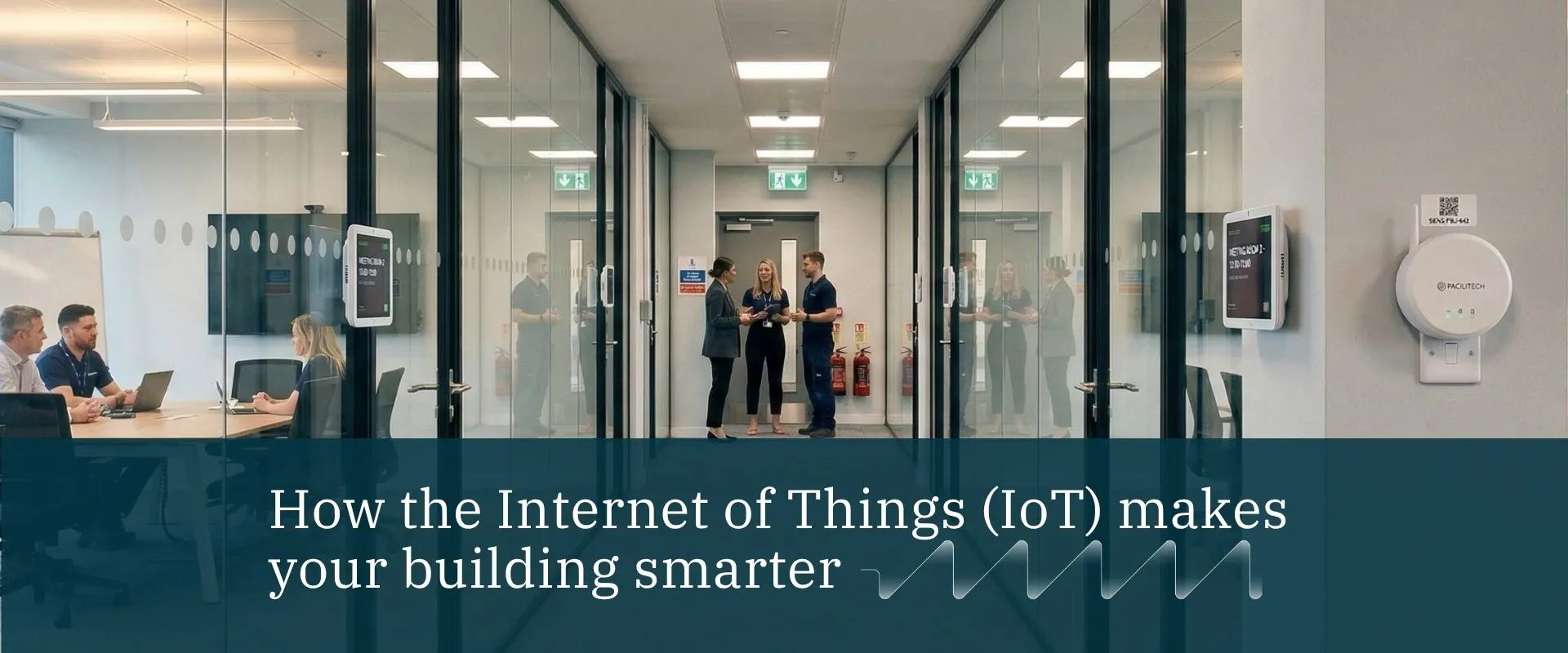 image of people in an office corridor with a title block