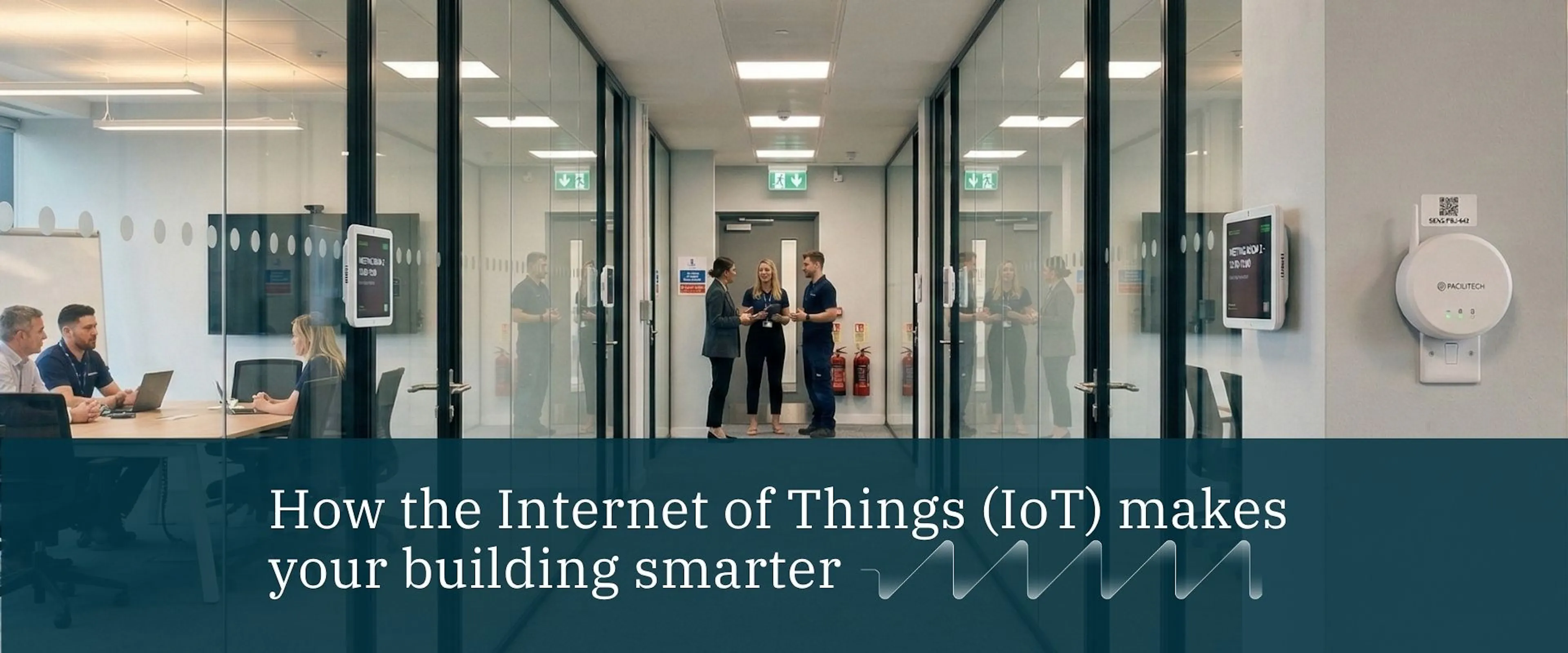 image of people in an office corridor with a title block