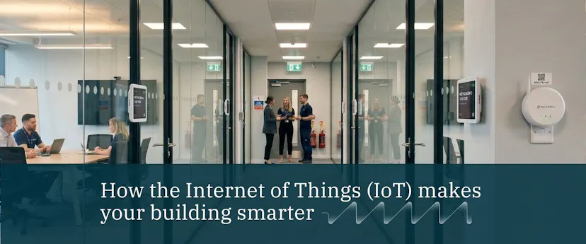 image of people in an office corridor with a title block