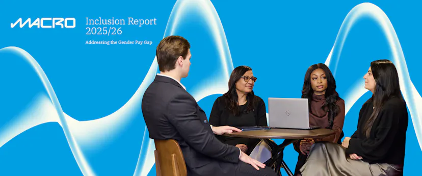 blue banner with three women and a man sitting around a laptop
