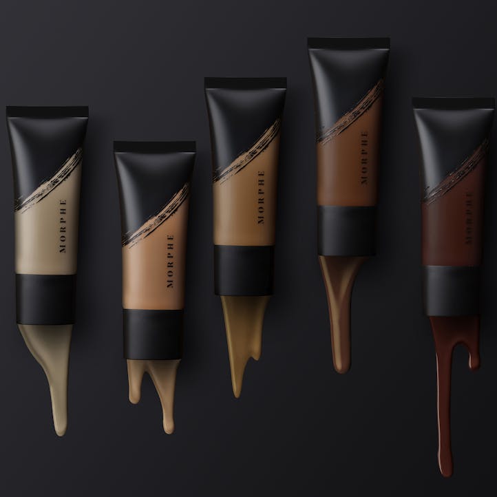 Image of 5 tubes of Morphe FLUIDITY FULL-COVERAGE FOUNDATION in a variety of shades.