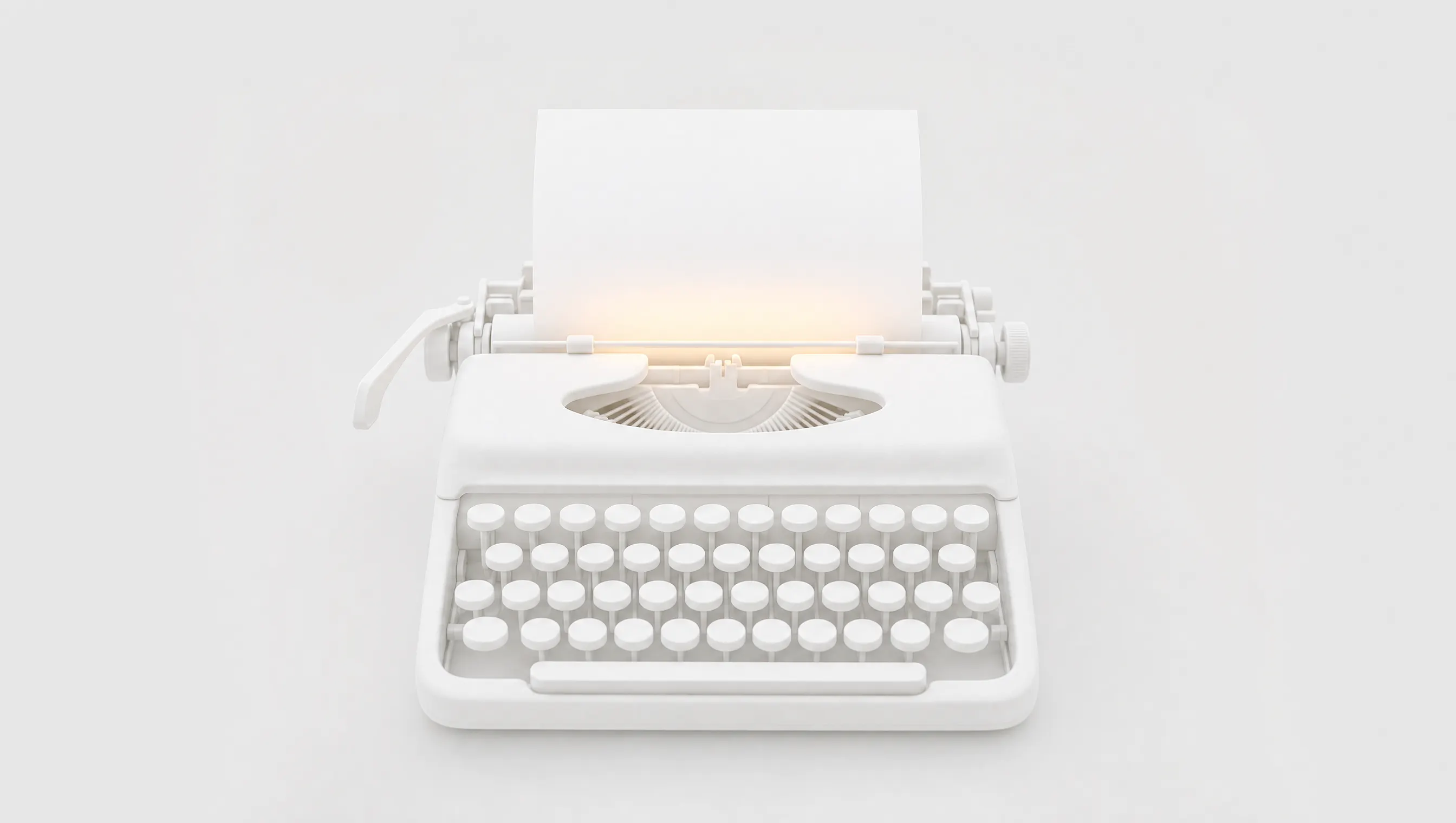 Macchina da scrivere bianca opaca con tasti senza lettere e un foglio bianco nel rullo, illuminato da un tenue bagliore ambra